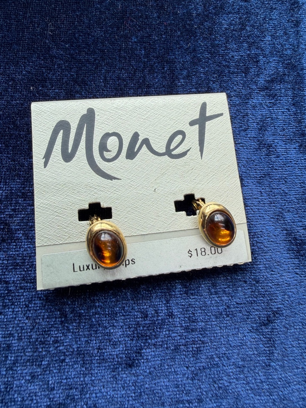 Vintage Monet Luxury Clips oval amber cabochon earrings